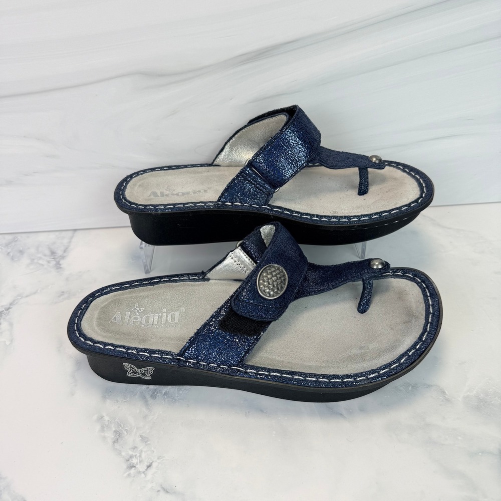 Alegria Carina Thong Adjustable Sandals 38 Blue Metallic Leather CAR-7719 Boho